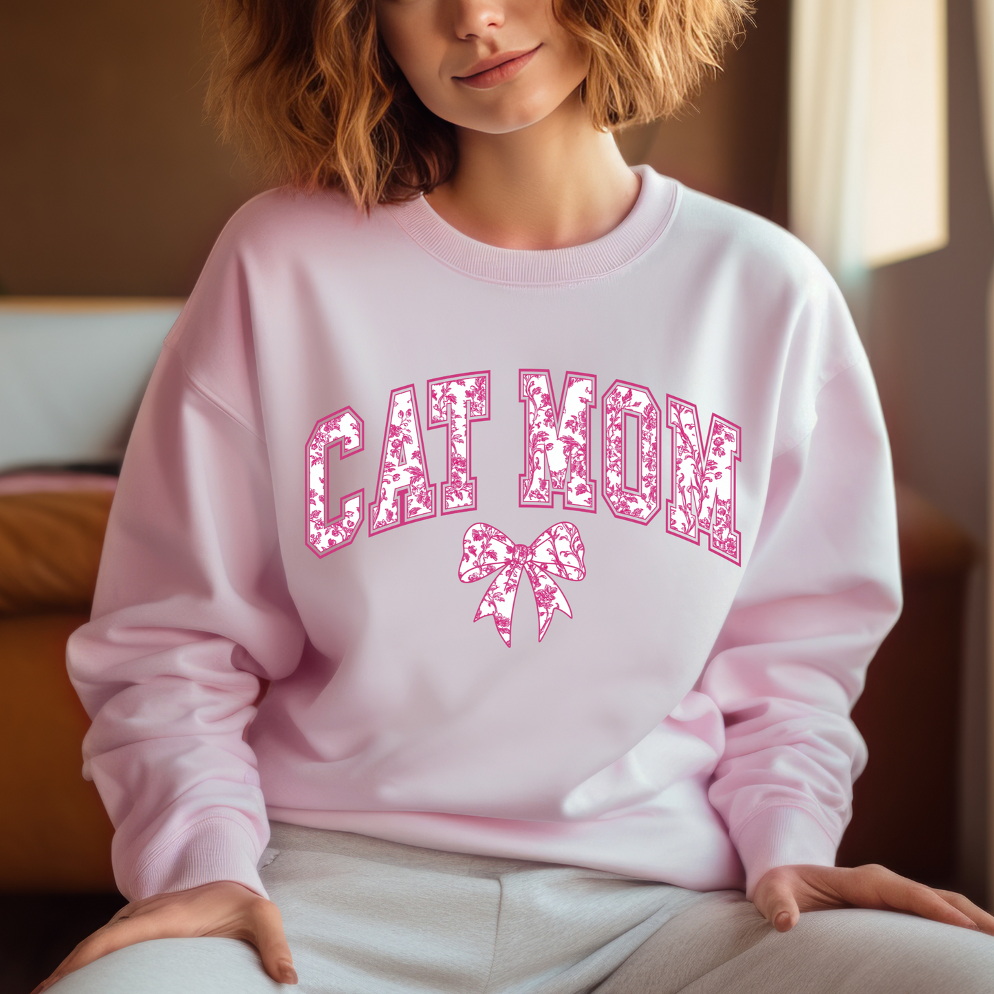 Cat Mom Sweatshirt – Black Crewneck with Pink Toile Lettering and Bow, Cozy Gift for Cat Lovers