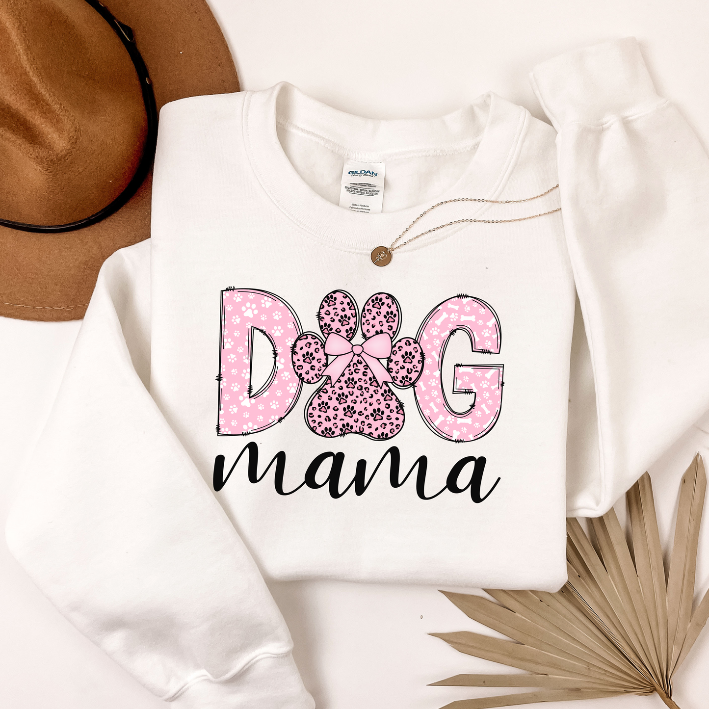 Dog Mama Sweatshirt – White Crewneck with Pink Leopard Paw Print & Bow, Cute Gift for Dog Moms
