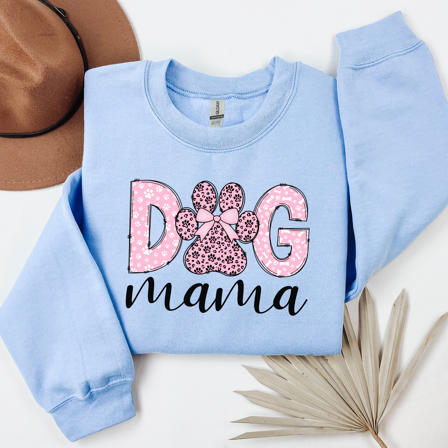 Dog Mama Sweatshirt – White Crewneck with Pink Leopard Paw Print & Bow, Cute Gift for Dog Moms