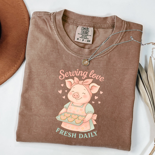 Serving Love Fresh Daily Pig T-Shirt – Cute Pastel Farm Animal Tee for Women & Pet Lovers