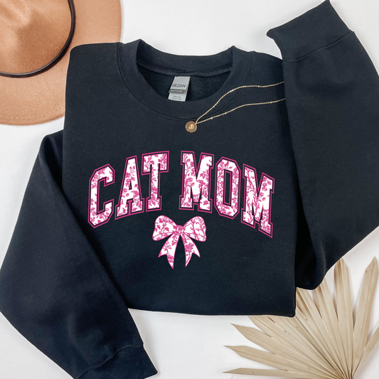 Cat Mom Sweatshirt – Black Crewneck with Pink Toile Lettering and Bow, Cozy Gift for Cat Lovers