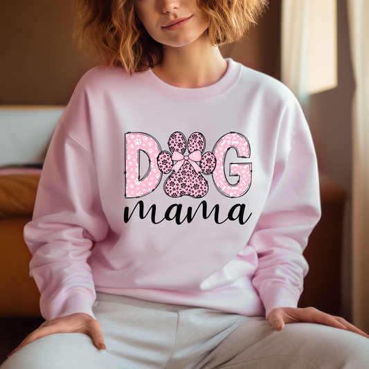 Dog Mama Sweatshirt – White Crewneck with Pink Leopard Paw Print & Bow, Cute Gift for Dog Moms